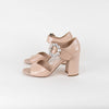 Miu Miu Beige Patent Silver Crystal Buckle Block Heel Sandals