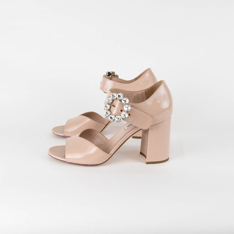 Miu Miu Beige Patent Silver Crystal Buckle Block Heel Sandals