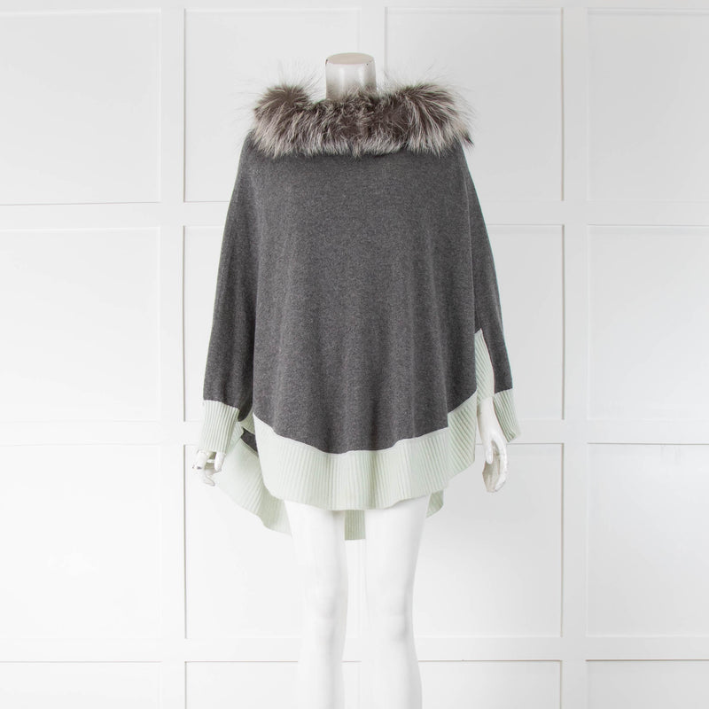Dom Goor Grey Cashmere Poncho Green Hem Fur Hood