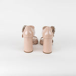 Miu Miu Beige Patent Silver Crystal Buckle Block Heel Sandals