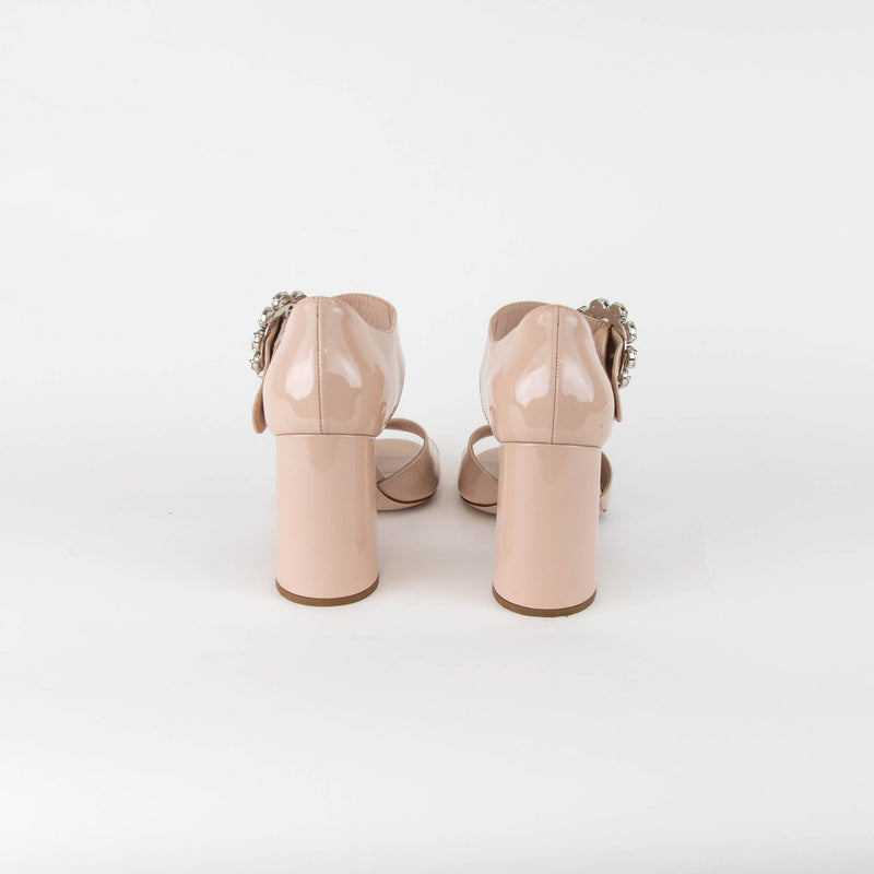 Miu Miu Beige Patent Silver Crystal Buckle Block Heel Sandals