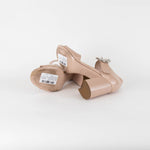 Miu Miu Beige Patent Silver Crystal Buckle Block Heel Sandals