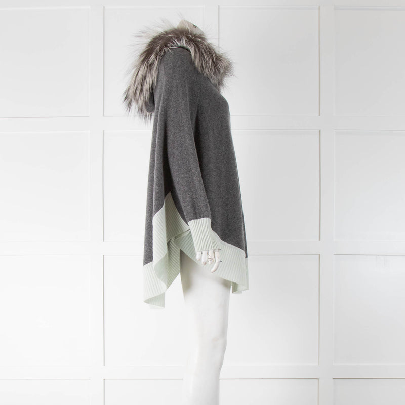 Dom Goor Grey Cashmere Poncho Green Hem Fur Hood