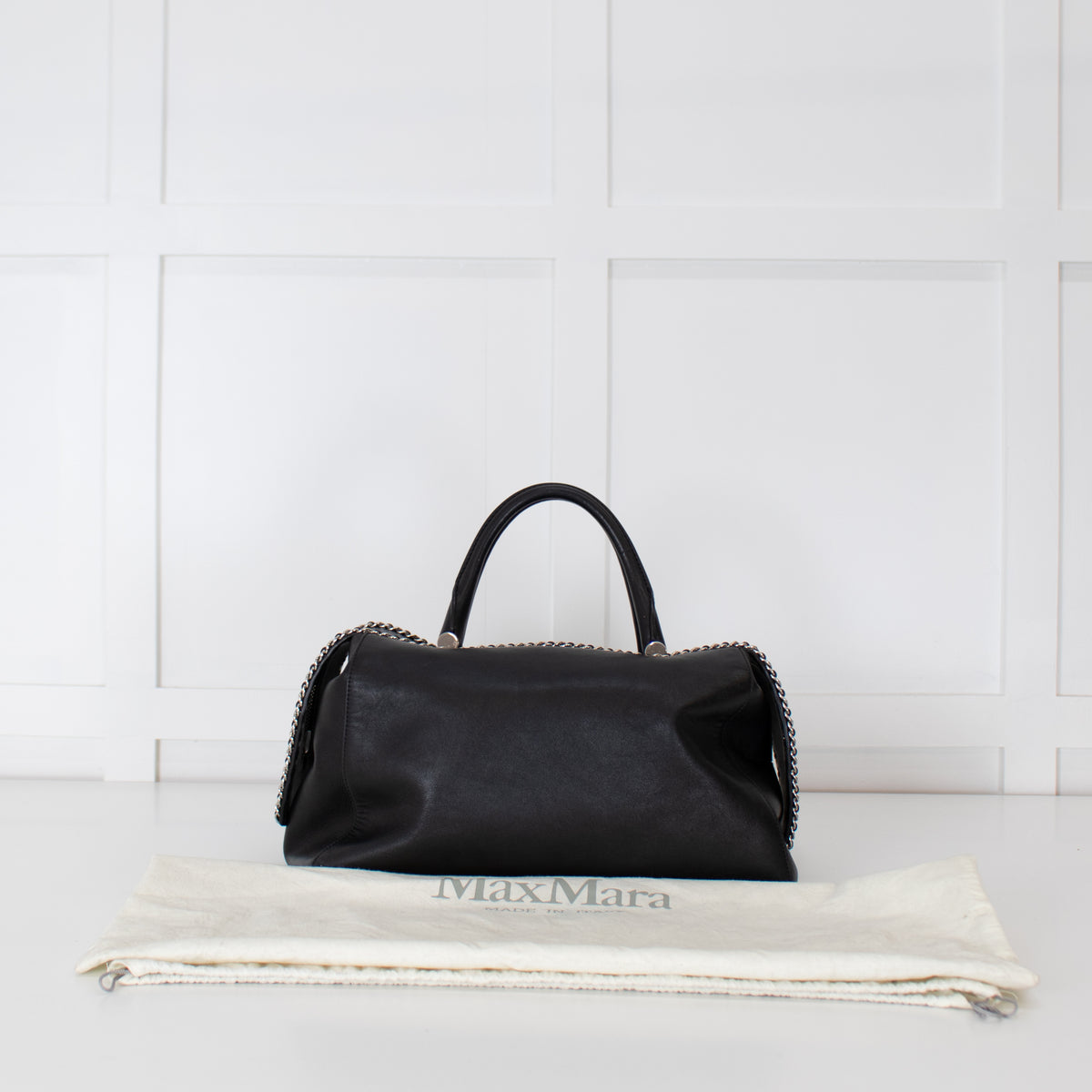 Max Mara Black Leather Boston Bag With Silver Chain Detail and Long Strap