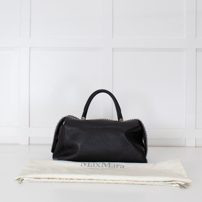Max Mara Black Leather Boston Bag With Silver Chain Detail and Long Strap