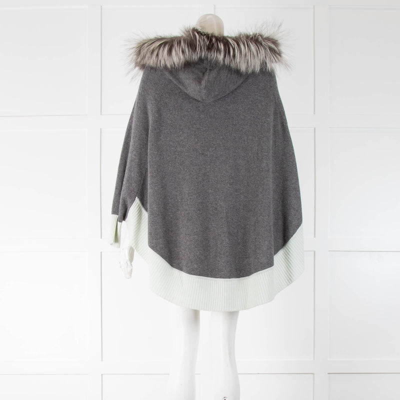 Dom Goor Grey Cashmere Poncho Green Hem Fur Hood