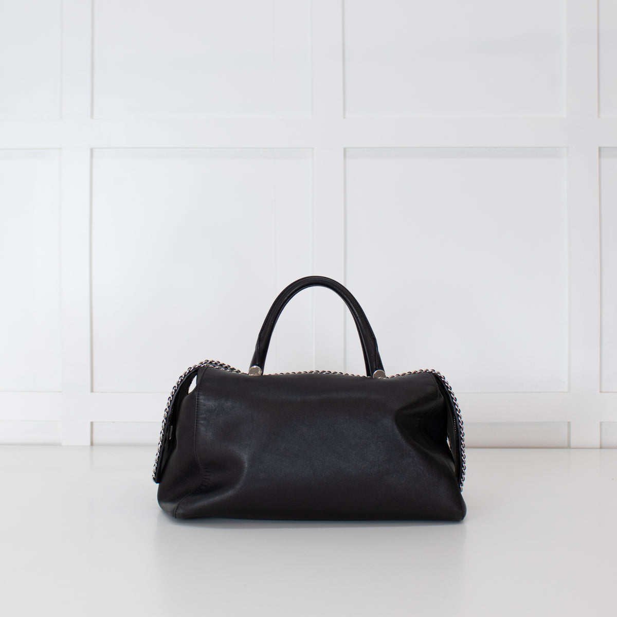 Max Mara Black Leather Boston Bag With Silver Chain Detail and Long Strap