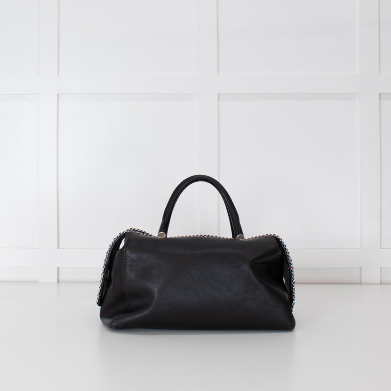 Max Mara Black Leather Boston Bag With Silver Chain Detail and Long Strap