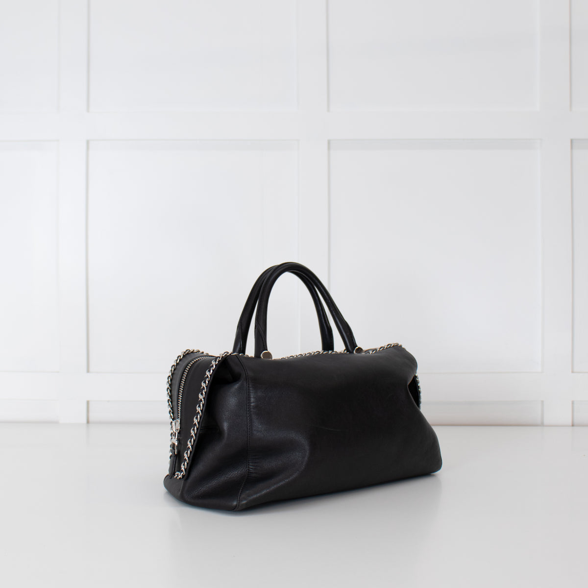 Max Mara Black Leather Boston Bag With Silver Chain Detail and Long Strap
