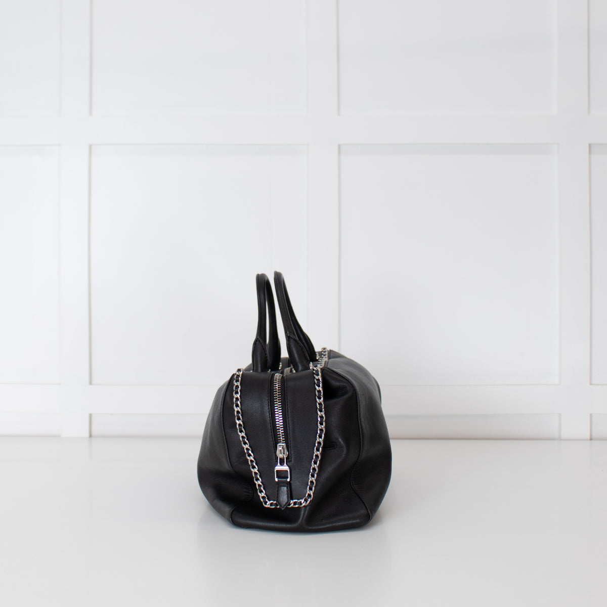 Max Mara Black Leather Boston Bag With Silver Chain Detail and Long Strap