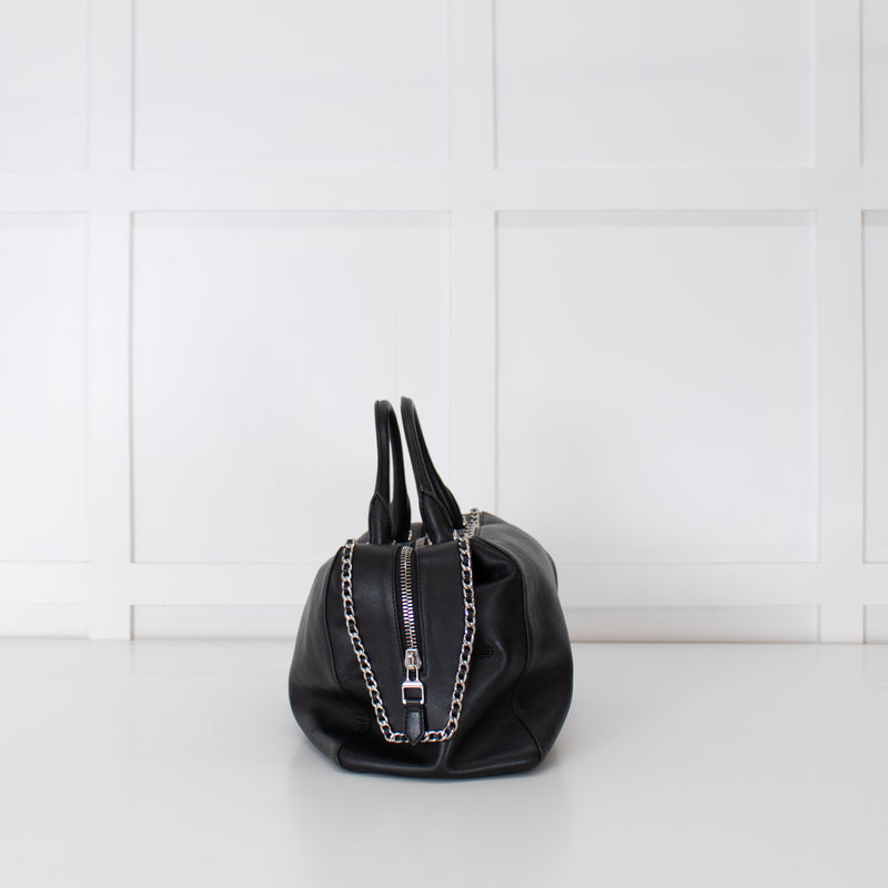 Max Mara Black Leather Boston Bag With Silver Chain Detail and Long Strap