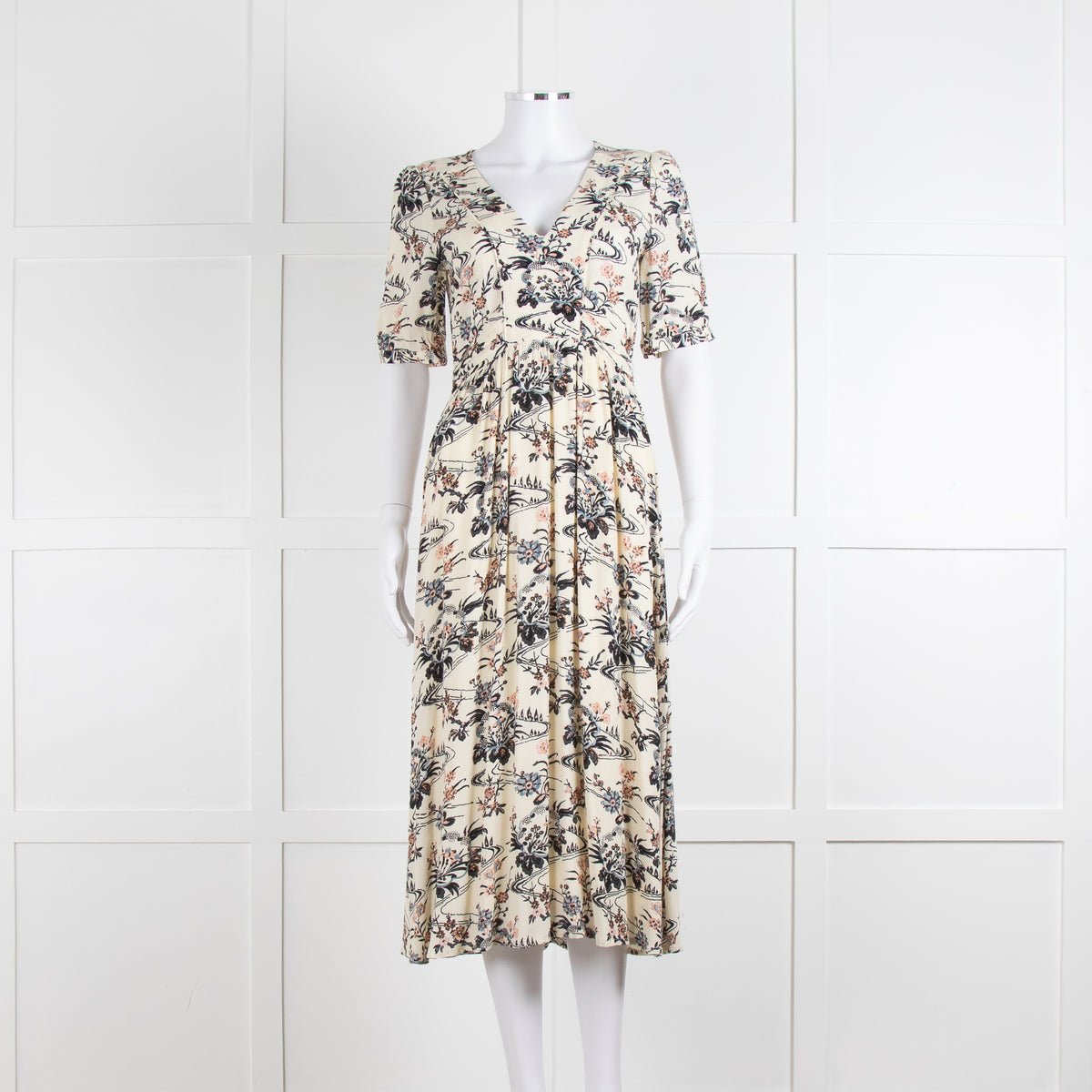 Ba&sh Cream Floral Mid Length Tea Dress