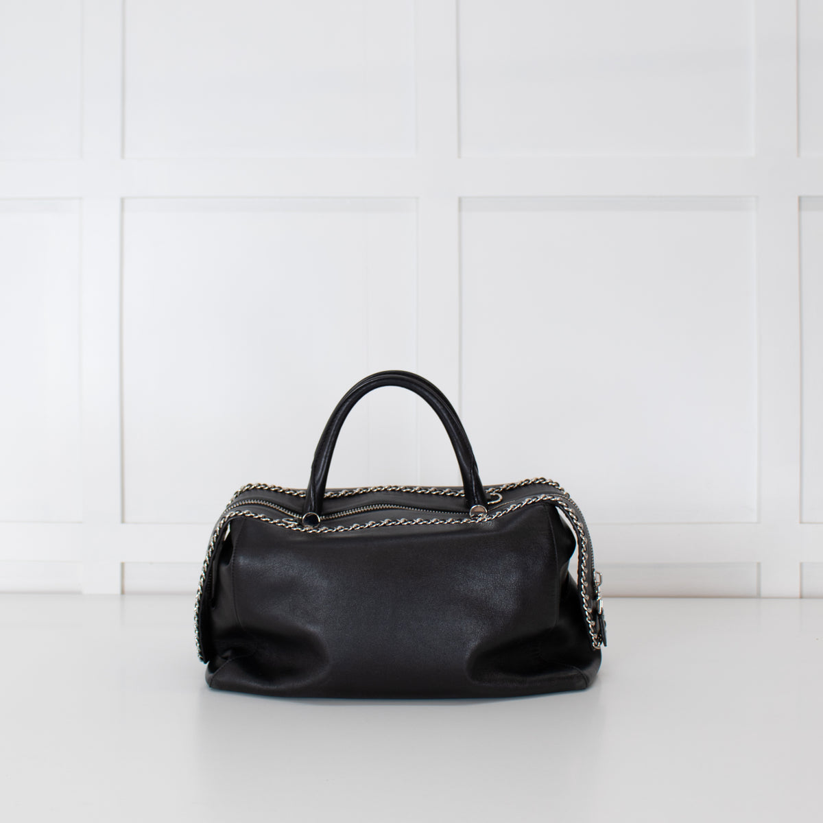 Max Mara Black Leather Boston Bag With Silver Chain Detail and Long Strap