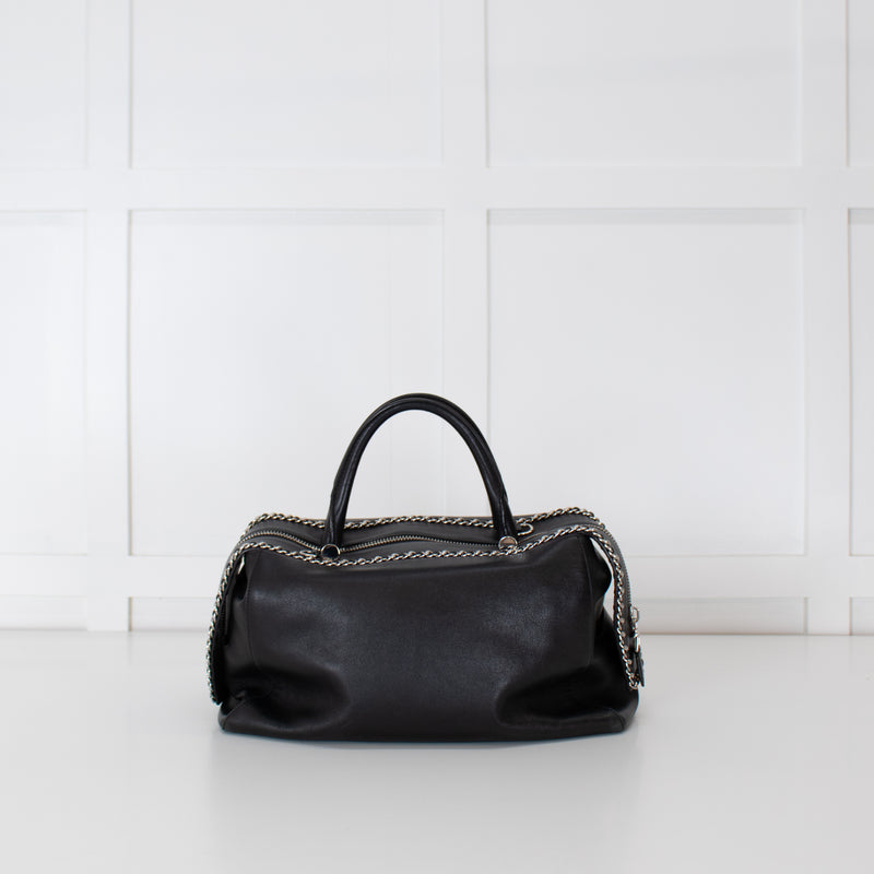 Max Mara Black Leather Boston Bag With Silver Chain Detail and Long Strap