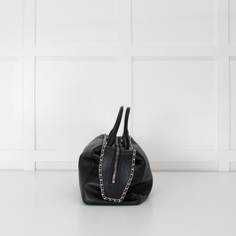Max Mara Black Leather Boston Bag With Silver Chain Detail and Long Strap