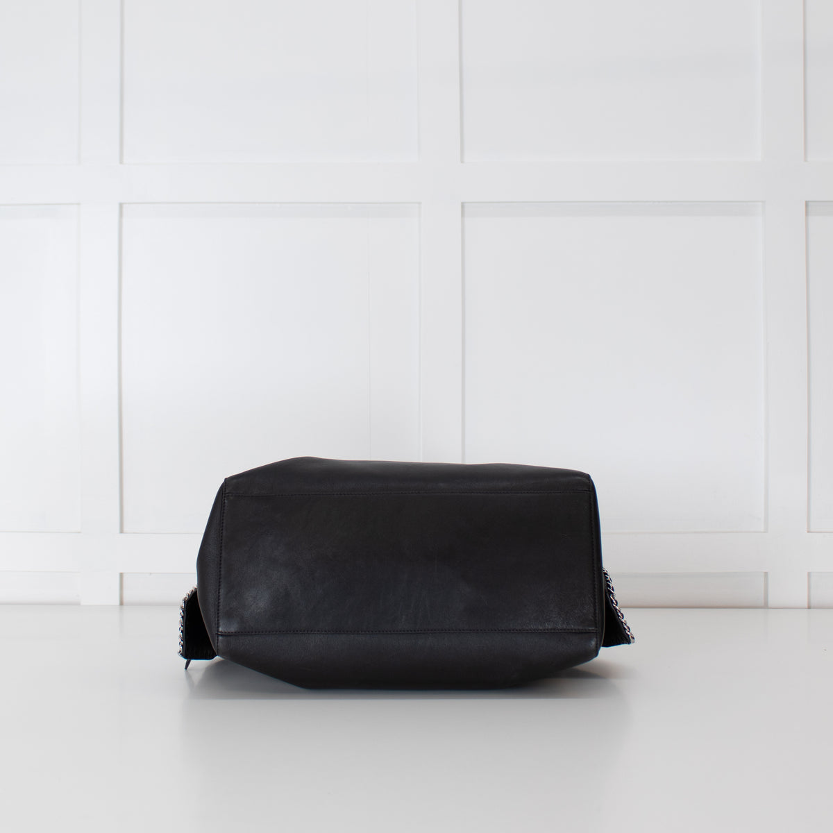 Max Mara Black Leather Boston Bag With Silver Chain Detail and Long Strap