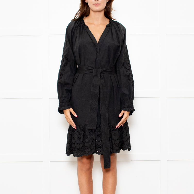 Rails Black Cotton Mini Dress with Frill Trim and Tie Waist
