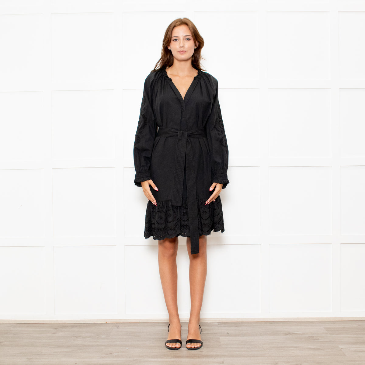 Rails Black Cotton Mini Dress with Frill Trim and Tie Waist