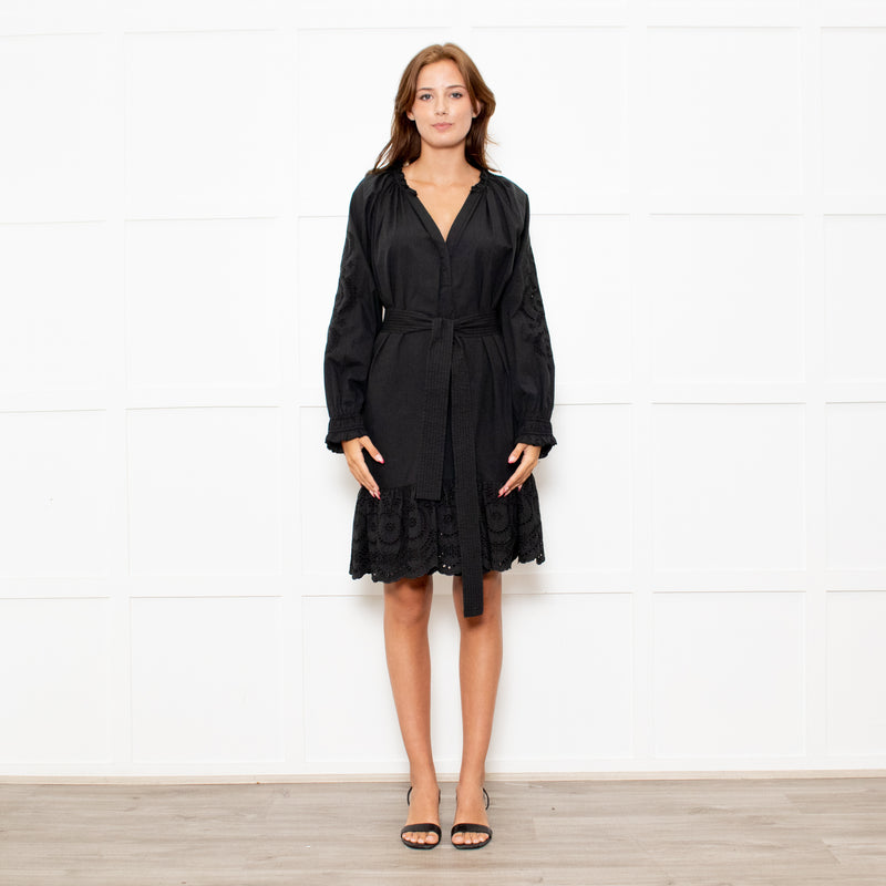Rails Black Cotton Mini Dress with Frill Trim and Tie Waist