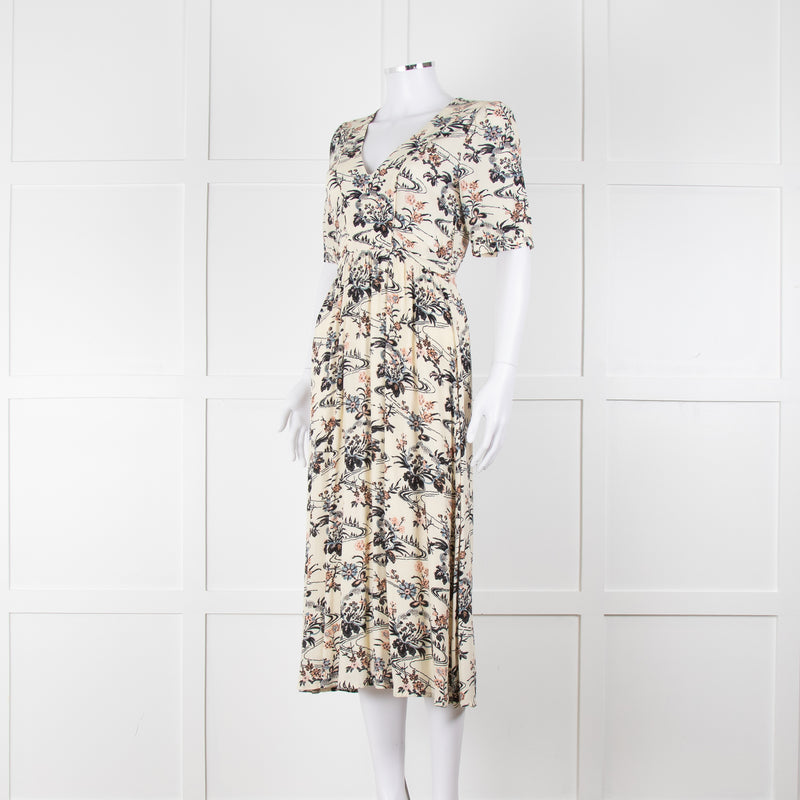 Ba&sh Cream Floral Mid Length Tea Dress