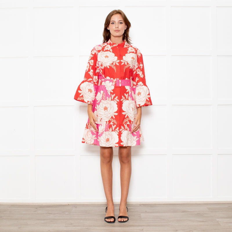 Farm Rio Pink and Red Floral Cotton Mini Dress with Belted Waist