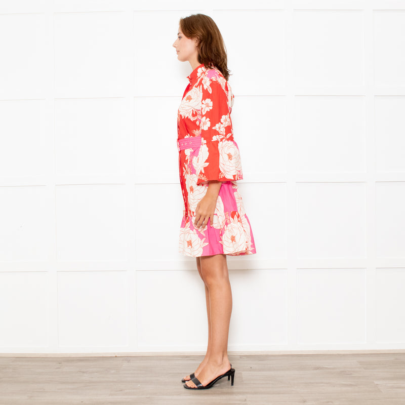 Farm Rio Pink and Red Floral Cotton Mini Dress with Belted Waist