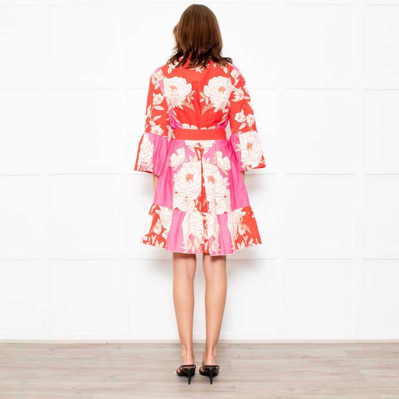 Farm Rio Pink and Red Floral Cotton Mini Dress with Belted Waist