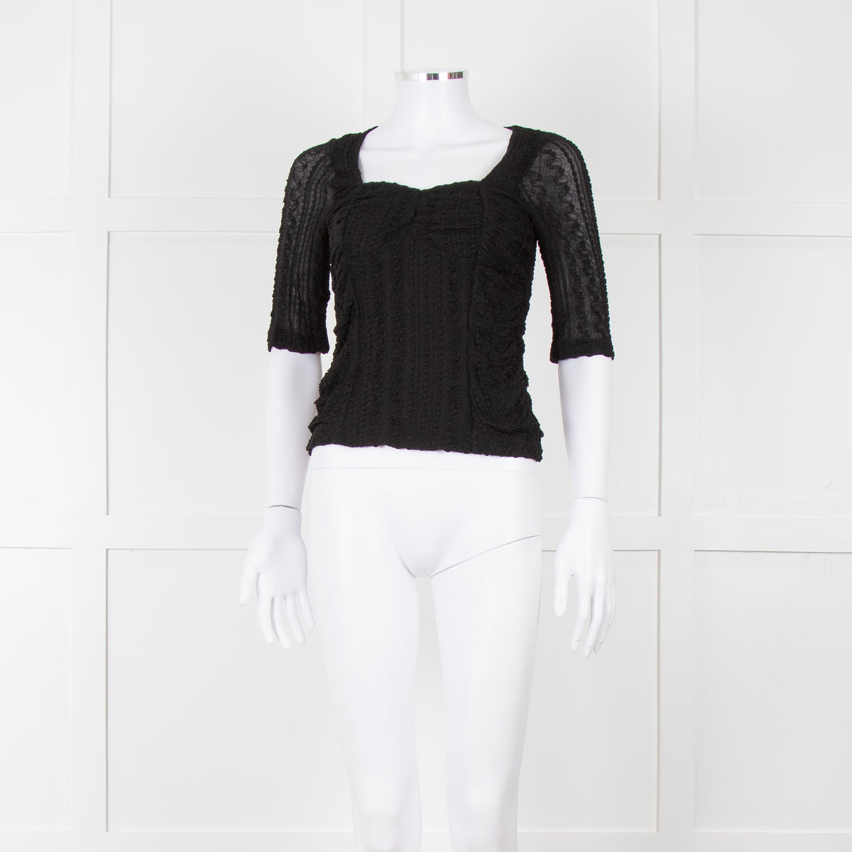 Ganni Black Crinkle Short Sleeve Fitted Top