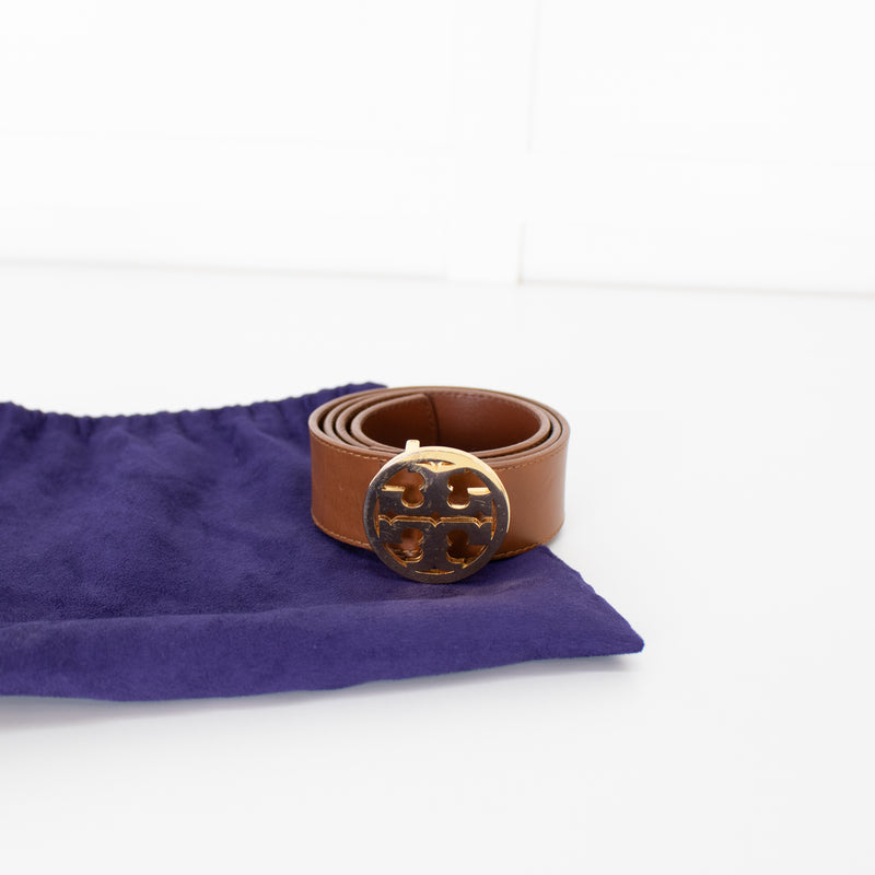 Tory Burch Tan Leather Belt With Gold Buckle