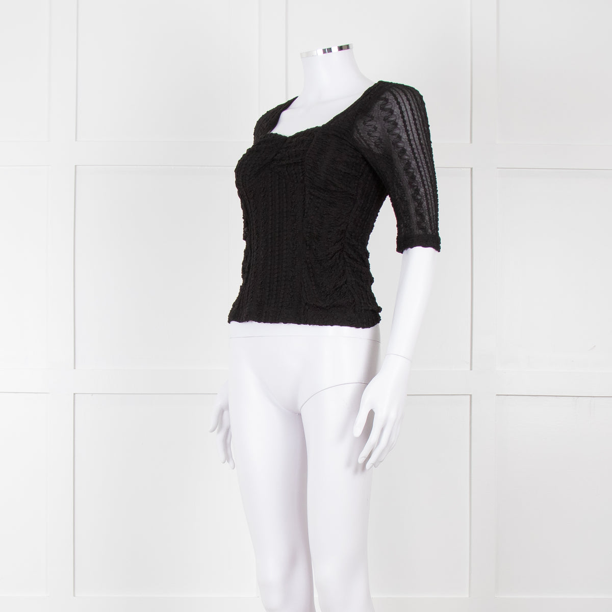 Ganni Black Crinkle Short Sleeve Fitted Top