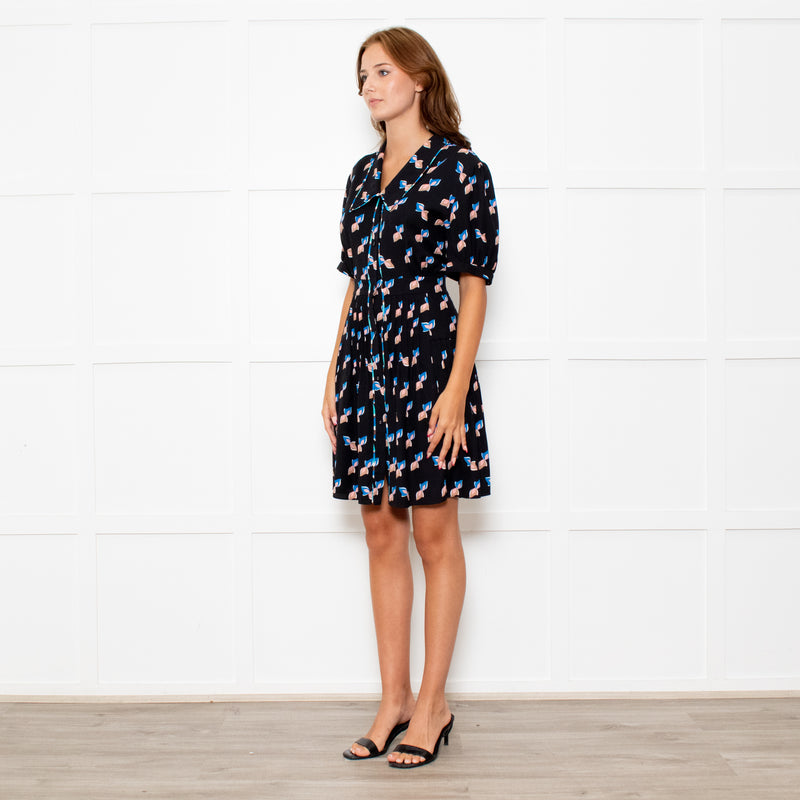 Diane Von Furstenberg Black Patterned Collared Dress
