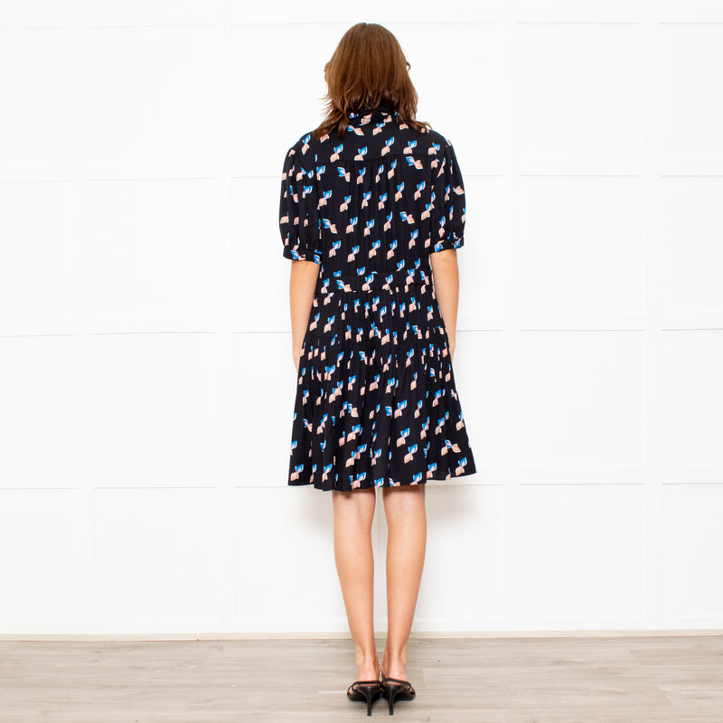 Diane Von Furstenberg Black Patterned Collared Dress