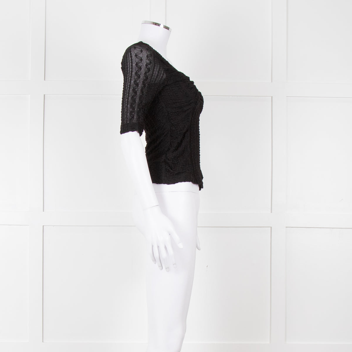 Ganni Black Crinkle Short Sleeve Fitted Top