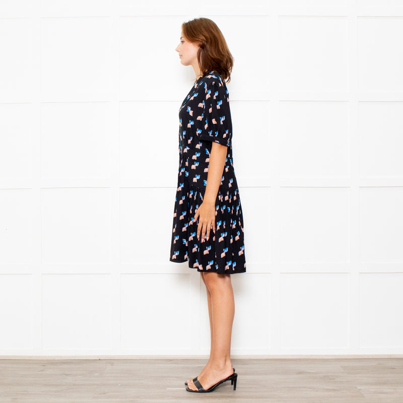 Diane Von Furstenberg Black Patterned Collared Dress