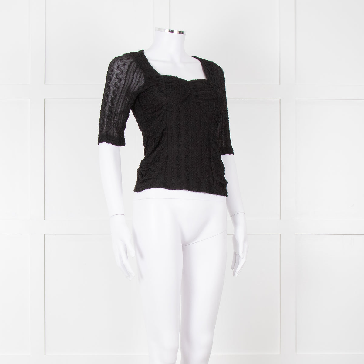 Ganni Black Crinkle Short Sleeve Fitted Top