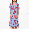Diane Von Furstenberg Blue Stretch Cotton Tea Dress with Red Flowers