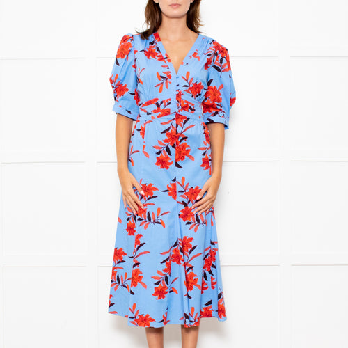 Diane Von Furstenberg Blue Stretch Cotton Tea Dress with Red Flowers