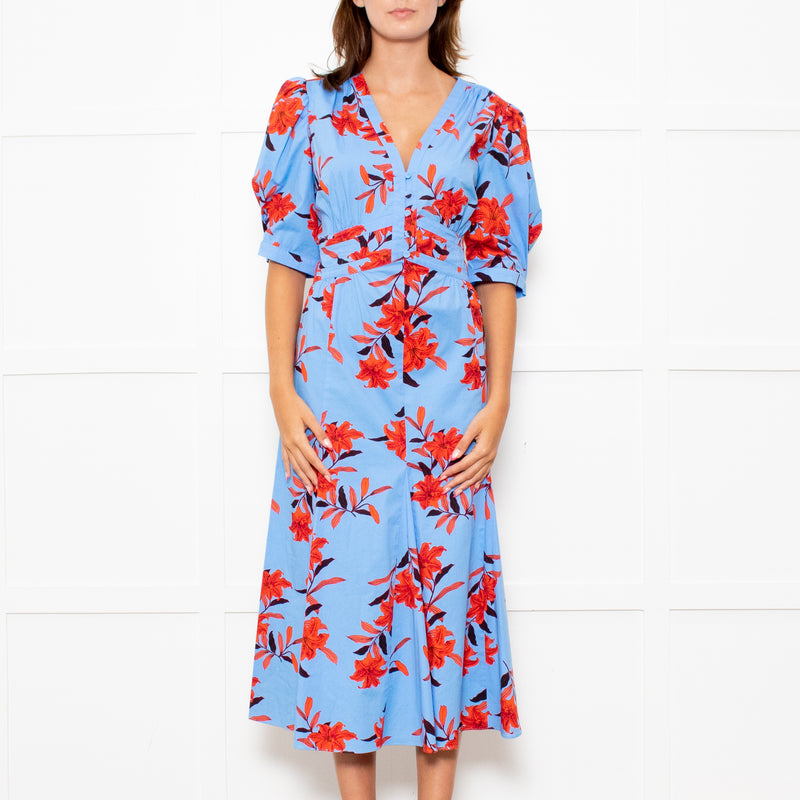 Diane Von Furstenberg Blue Stretch Cotton Tea Dress with Red Flowers