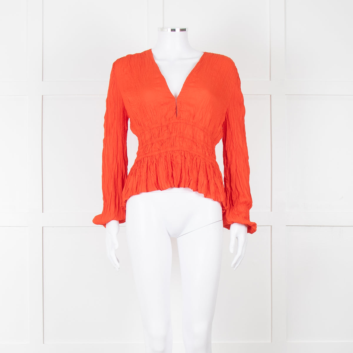 Maje Orange Crinkle Long Sleeve Top with Fitted Waist