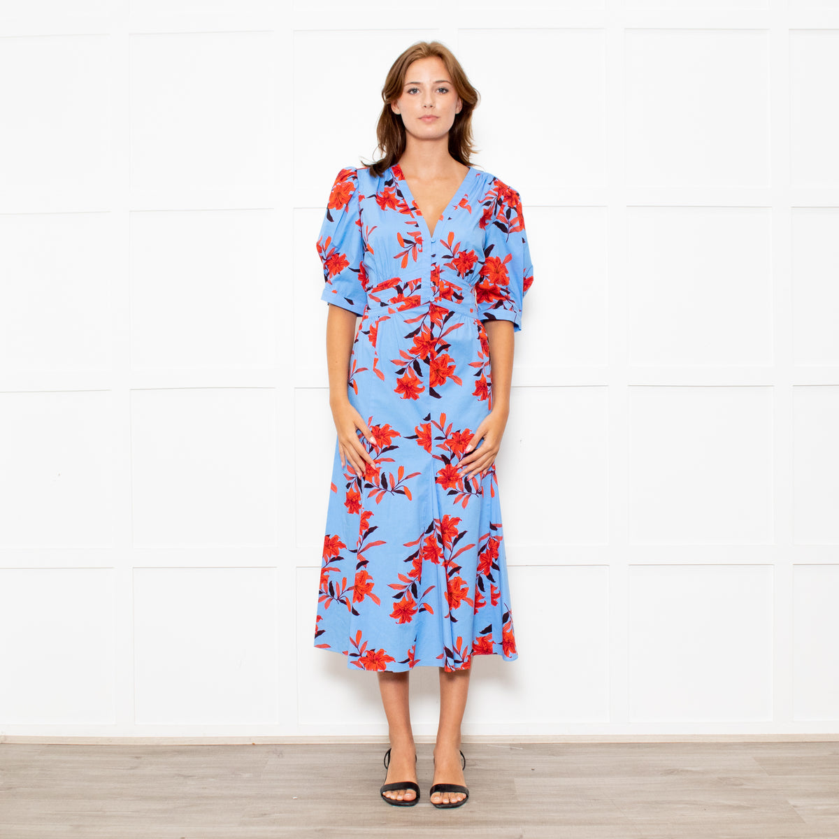 Diane Von Furstenberg Blue Stretch Cotton Tea Dress with Red Flowers