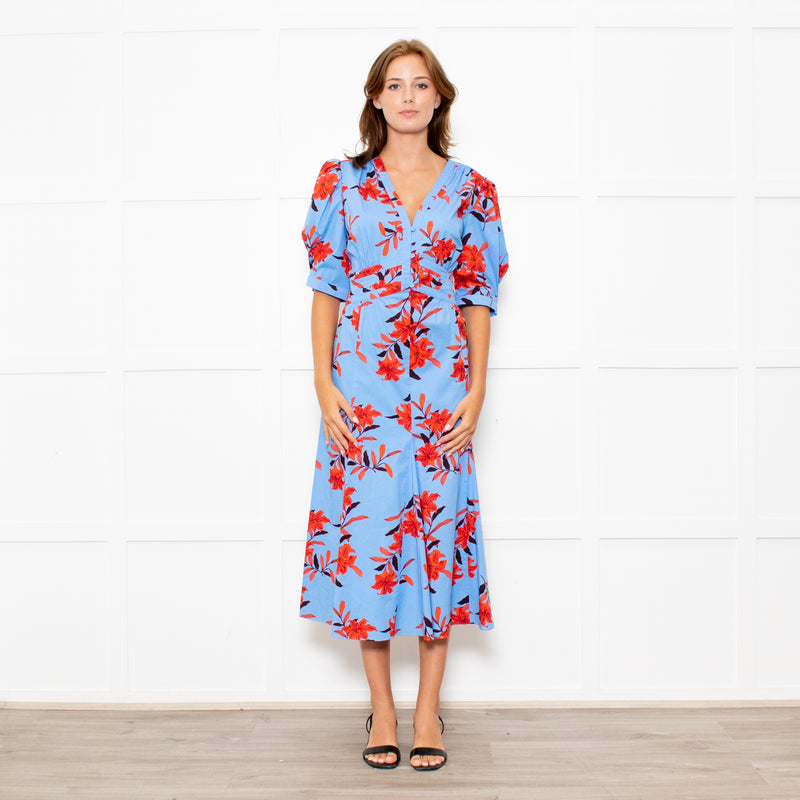 Diane Von Furstenberg Blue Stretch Cotton Tea Dress with Red Flowers