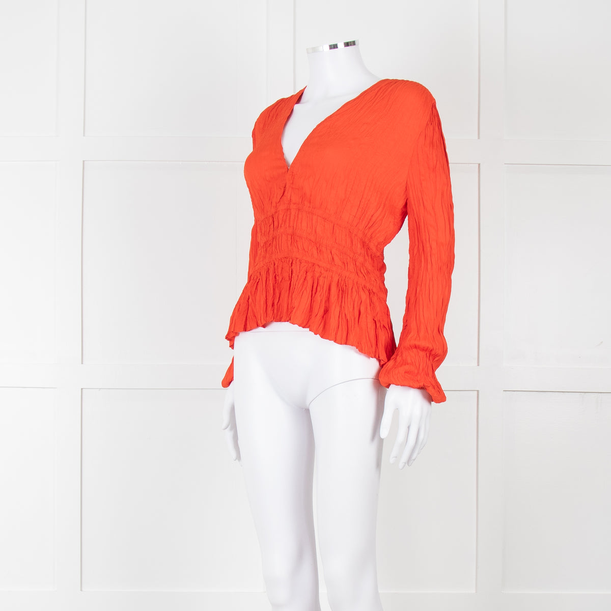 Maje Orange Crinkle Long Sleeve Top with Fitted Waist