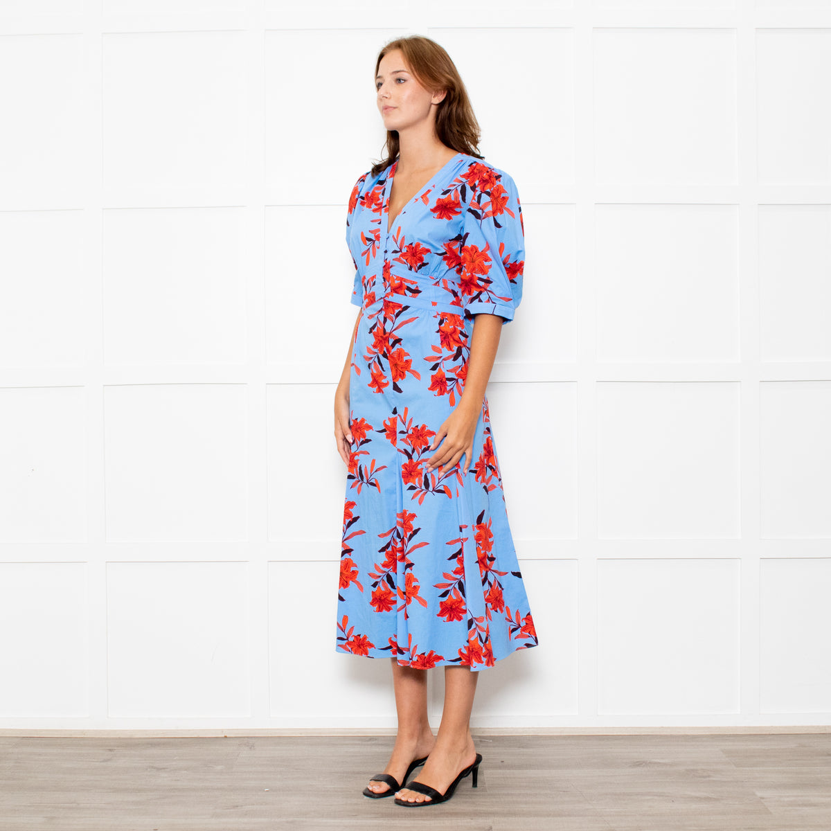 Diane Von Furstenberg Blue Stretch Cotton Tea Dress with Red Flowers