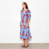 Diane Von Furstenberg Blue Stretch Cotton Tea Dress with Red Flowers