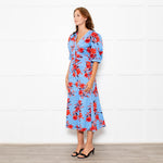 Diane Von Furstenberg Blue Stretch Cotton Tea Dress with Red Flowers