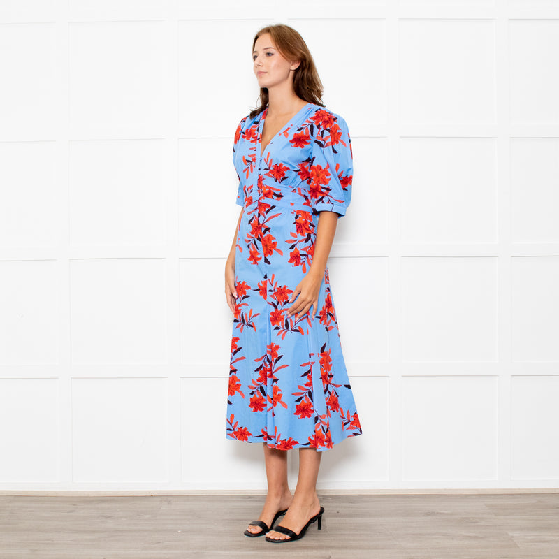 Diane Von Furstenberg Blue Stretch Cotton Tea Dress with Red Flowers