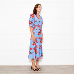 Diane Von Furstenberg Blue Stretch Cotton Tea Dress with Red Flowers