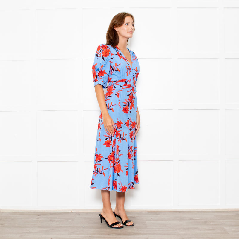 Diane Von Furstenberg Blue Stretch Cotton Tea Dress with Red Flowers