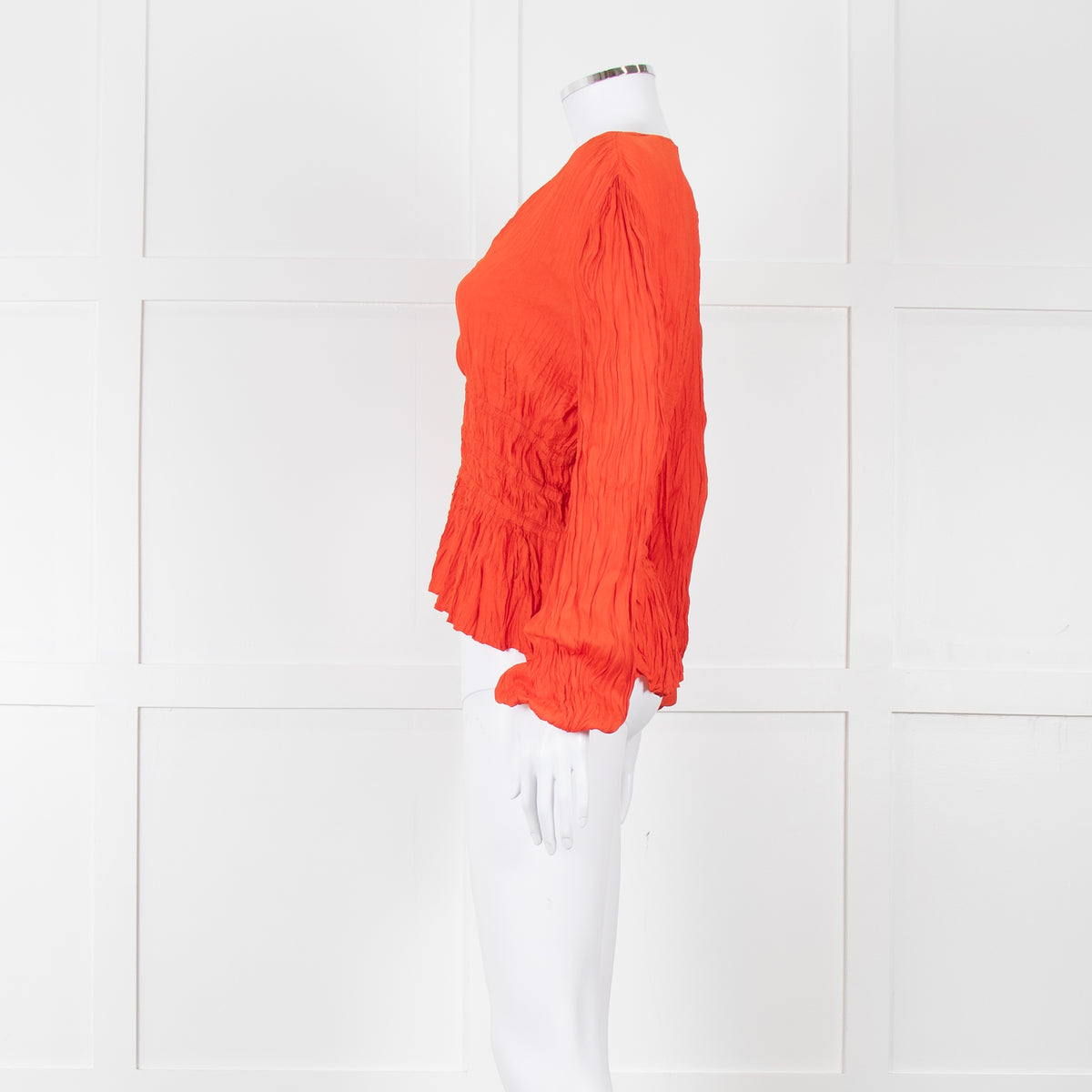 Maje Orange Crinkle Long Sleeve Top with Fitted Waist