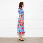 Diane Von Furstenberg Blue Stretch Cotton Tea Dress with Red Flowers